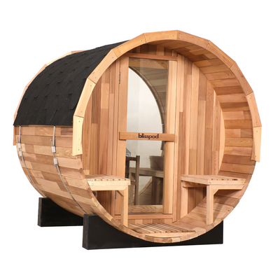 Blisspod Prague Outdoor Cedar Barrel Sauna with Full Glass Back & Porch Seats