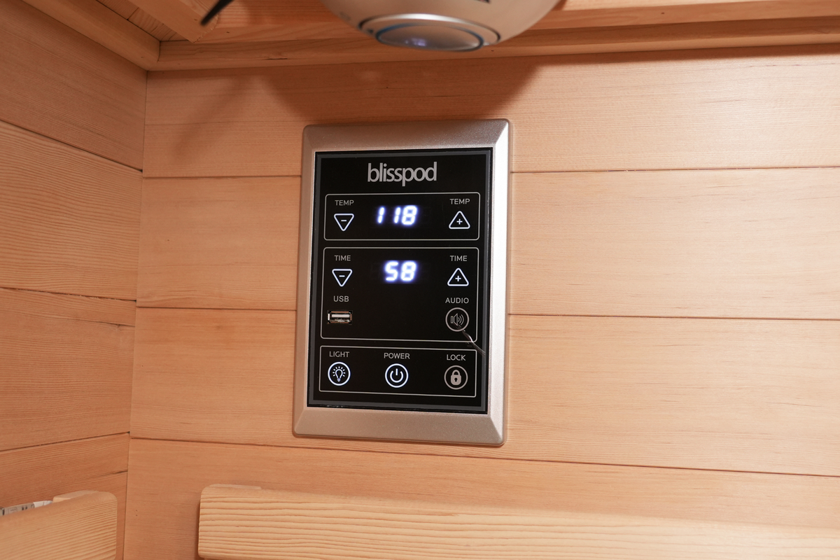 Digital control panel inside the Blisspod Vienna RED sauna for adjusting session settings