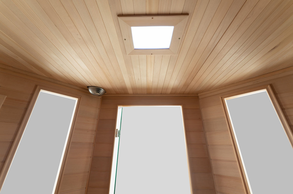 Upward view of the Blisspod Vienna sauna entrance showing glass panels, wood framing and overhead light