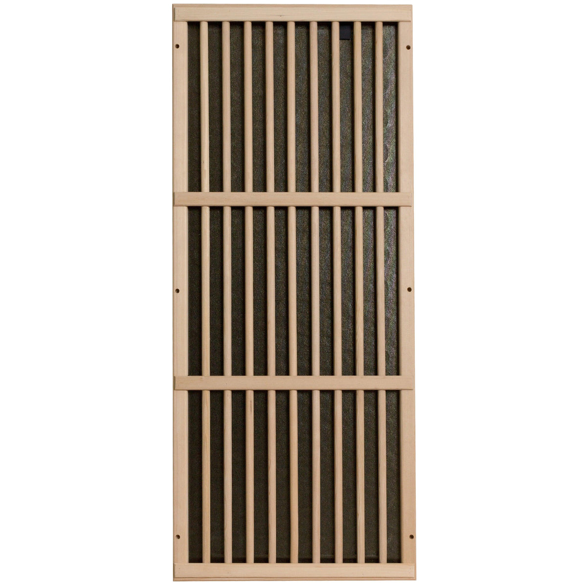 Close-up of vertical heater panel inside the Durasage 2-person far infrared sauna