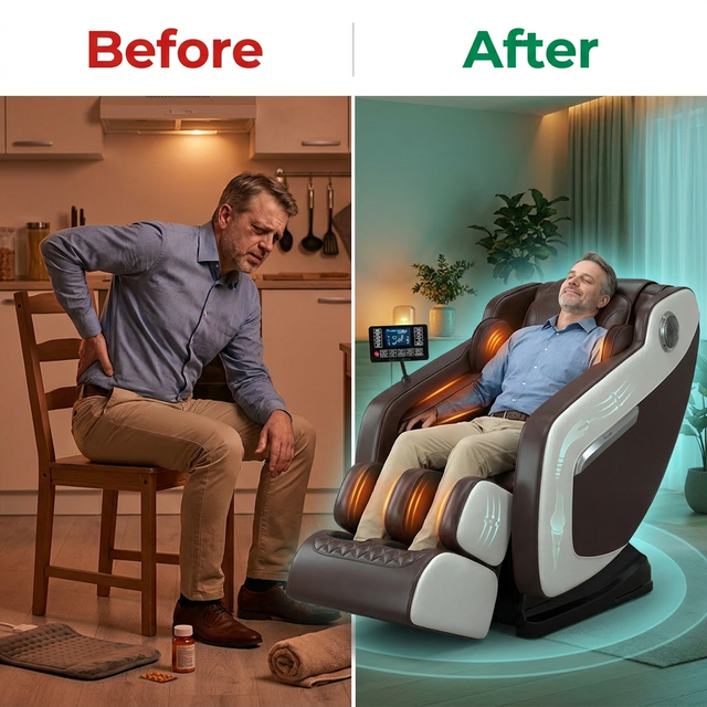 Full Body Massage Chair with Zero Gravity, Heated Back & Legs, 20 Airbags, Bluetooth, Shiatsu Recliner for Home — Before & After