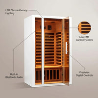 2 Person Extendable FAR Infrared Sauna for Home, Hemlock Wood Low EMF 6 Carbon Heaters Indoor Saunas with LED Lights, Bluetooth Speaker, Digital Control Panel, and Seating Bench — infographic