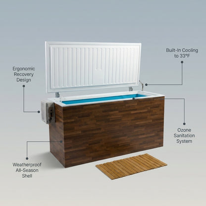 Residential Cold Plunge Built for Year-Round Recovery, Built-In Compressor, Ozone Sanitation, Weatherproof — infographic