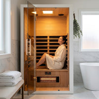 2 Person Extendable FAR Infrared Sauna for Home, Hemlock Wood Low EMF 6 Carbon Heaters Indoor Saunas with LED Lights, Bluetooth Speaker, Digital Control Panel, and Seating Bench — Lifestyle