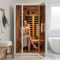 Home Infrared Sauna Built for Daily Wellness, Hemlock Wood Construction, 6 Carbon Heaters, Bluetooth Enabled — Lifestyle