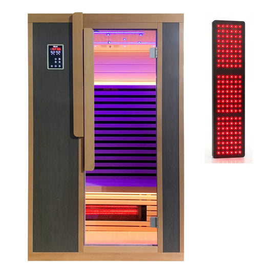 Blisspod Bergen Deluxe 2-person full spectrum infrared sauna with front-facing red light therapy panel
