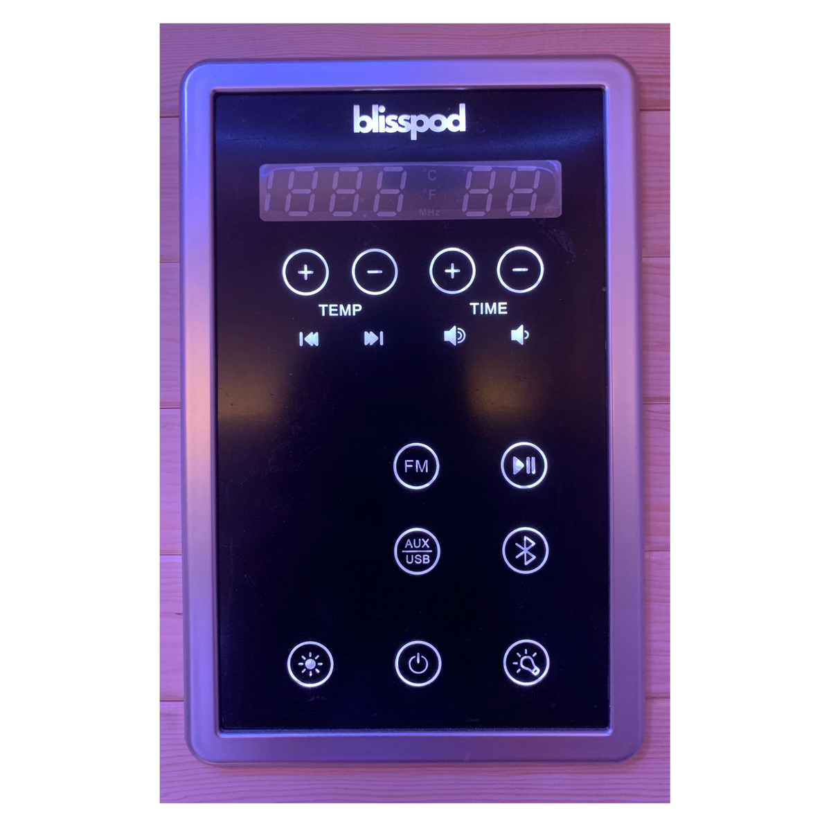 Digital touch control panel for temperature timer and lighting on the Blisspod Bergen Deluxe sauna
