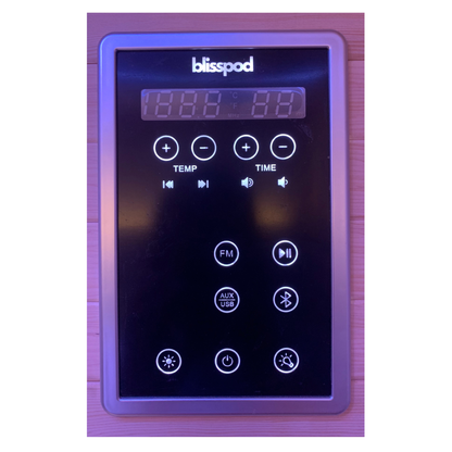Digital touch control panel for temperature timer and lighting on the Blisspod Bergen Deluxe sauna
