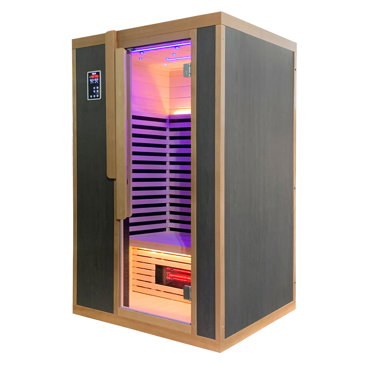 Angled exterior view of Blisspod Bergen Deluxe sauna with dark wood finish and glass door
