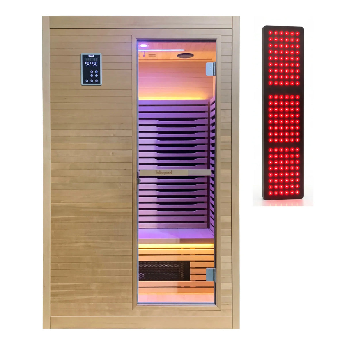Blisspod Helsinki Deluxe 2-person infrared sauna with Canadian hemlock exterior, glass door and red light panel
