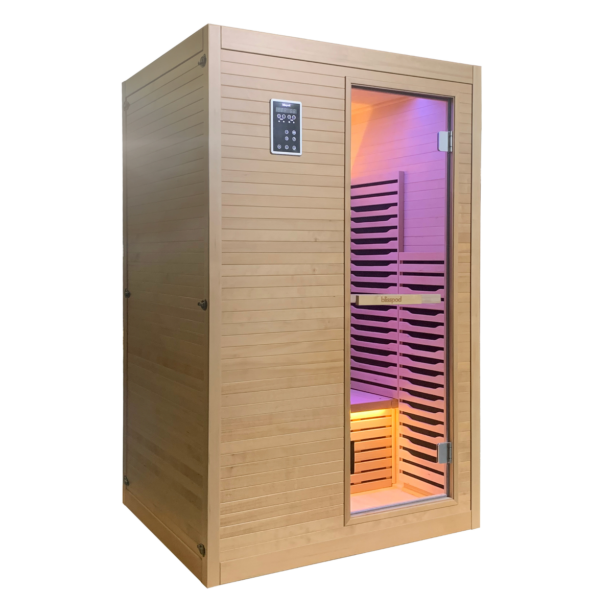 Angled exterior view of Blisspod Helsinki Deluxe infrared sauna showing Canadian hemlock wood cabin