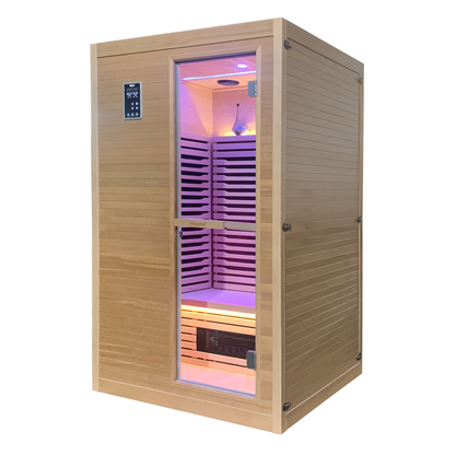 Blisspod Helsinki Deluxe sauna shown from a second angle with glass door and interior lighting