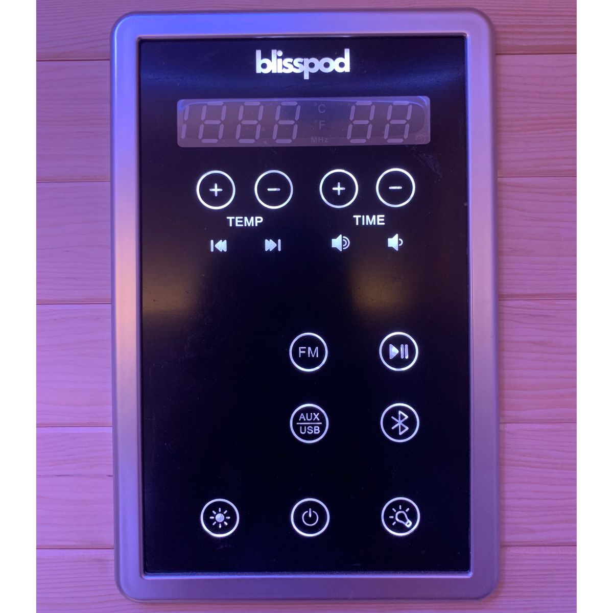 Blisspod Helsinki Deluxe digital touch control panel for adjusting sauna settings
