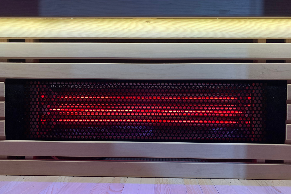 Close-up of horizontal interior heater panel inside Blisspod Helsinki Deluxe sauna