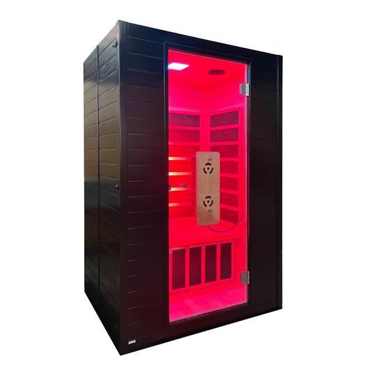 Blisspod Malmo 2-person infrared sauna with black exterior and red light panel
