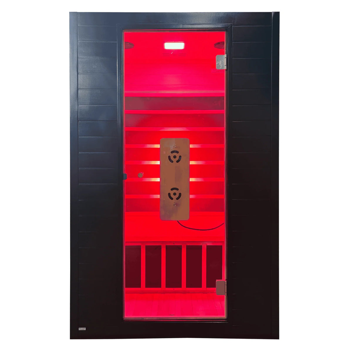 Front view of Blisspod Malmo 2-person infrared sauna with glass door