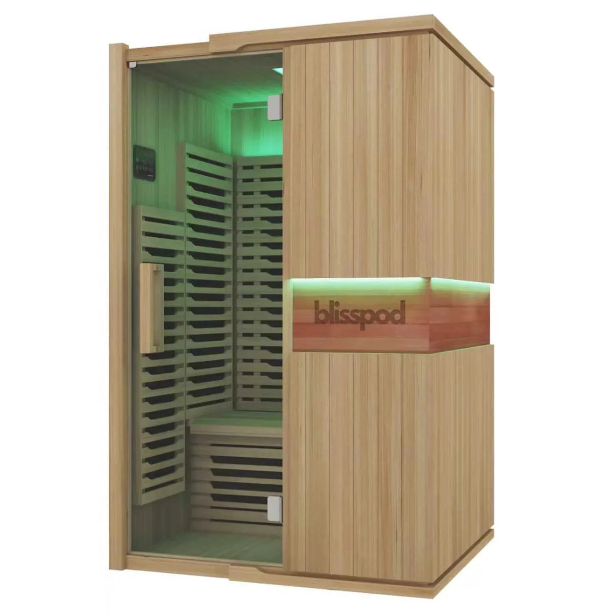 Blisspod Milano 2-person full spectrum infrared sauna with Canadian hemlock wood and glass door
