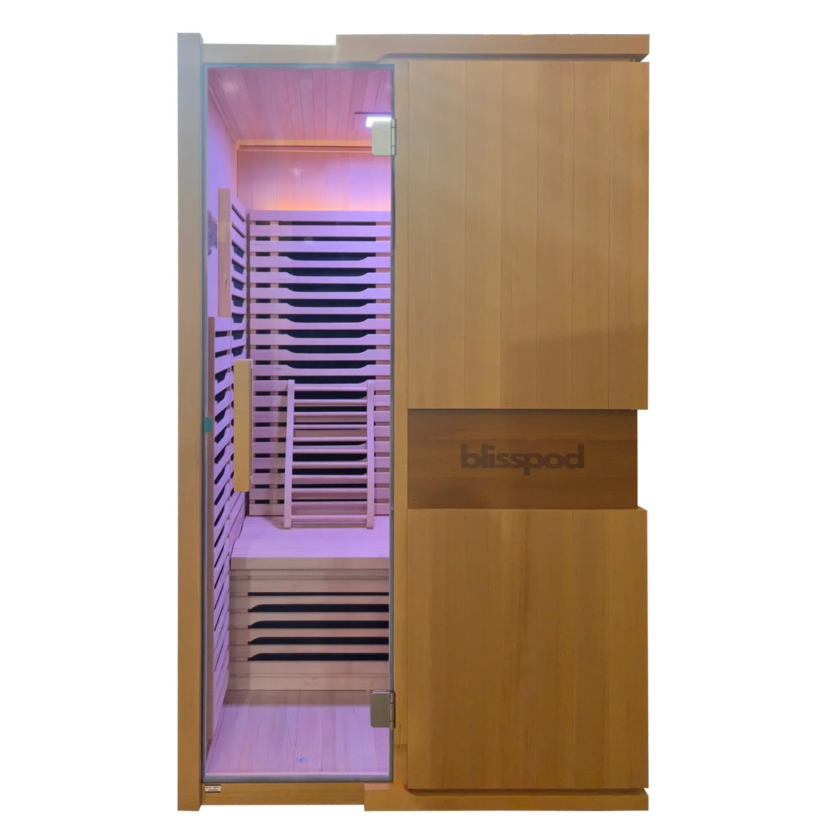 Front view of Blisspod Milano infrared sauna with illuminated interior and glass door
