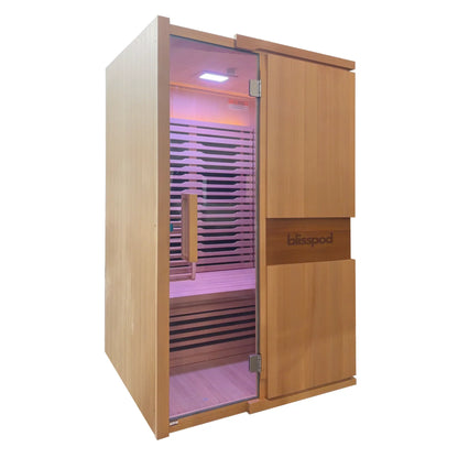 Angled exterior view of Blisspod Milano 2-person infrared sauna with wood paneling
