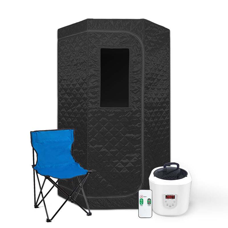 Portable steam sauna with blue folding chair and steam generator
