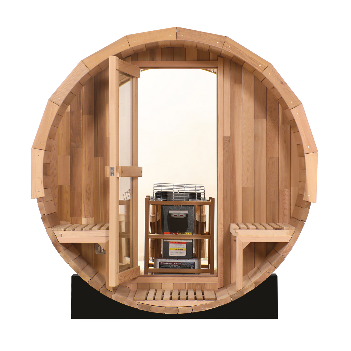 Front view of the Blisspod Prague cedar barrel sauna with glass door and two exterior porch seats