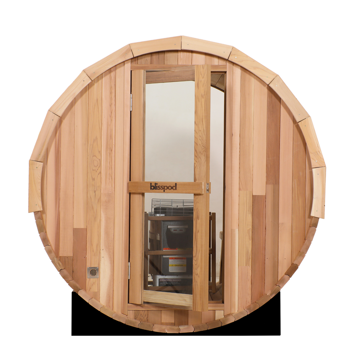 Front view of the Blisspod Prague red cedar barrel sauna with glass entrance door