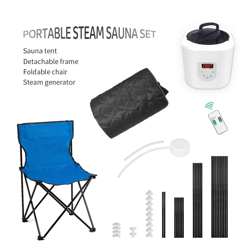 Portable steam sauna kit with folding chair, steam generator and accessories
