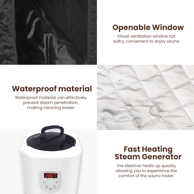 Close-up of portable steam sauna waterproof material, window and steam generator

