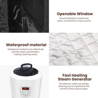Close-up of portable steam sauna waterproof material, window and steam generator
