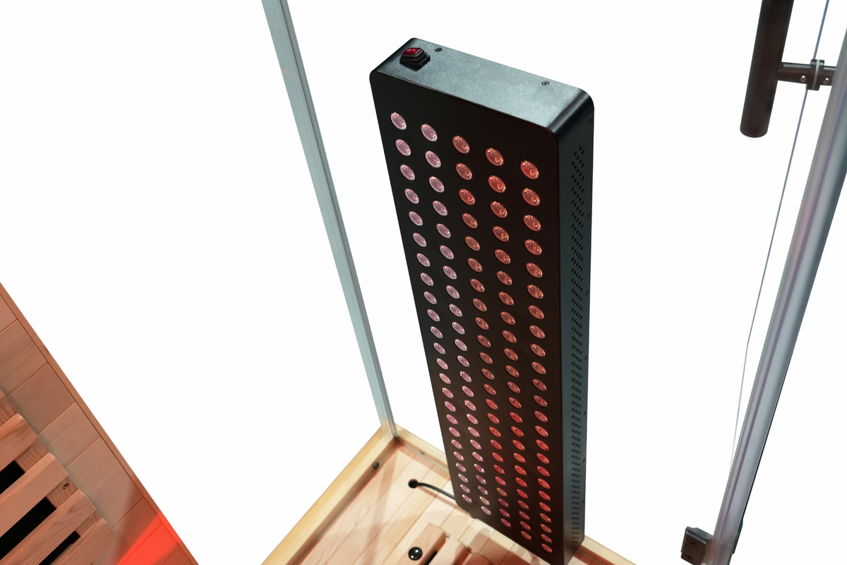 Close-up of the Blisspod Vantaa RED infrared sauna red light panel
