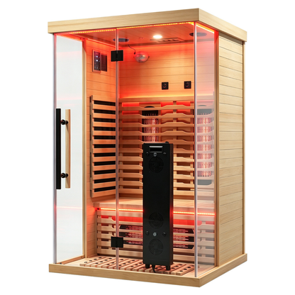 Front view of Blisspod Vantaa RED sauna with glass door and illuminated interior

