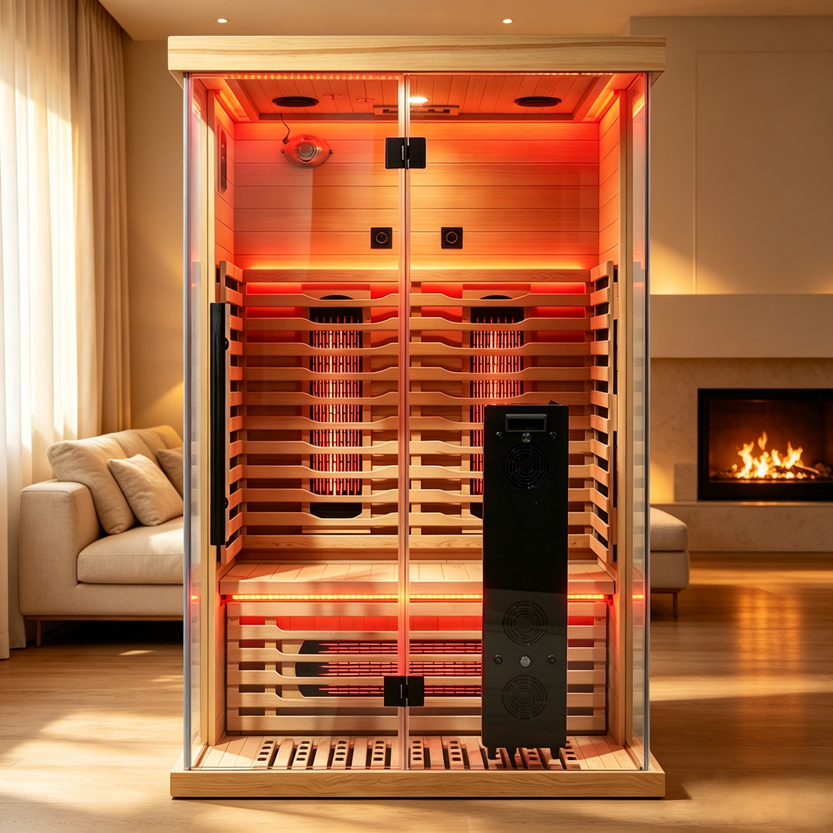 Blisspod Vantaa RED 2-person infrared sauna displayed in a contemporary home interior
