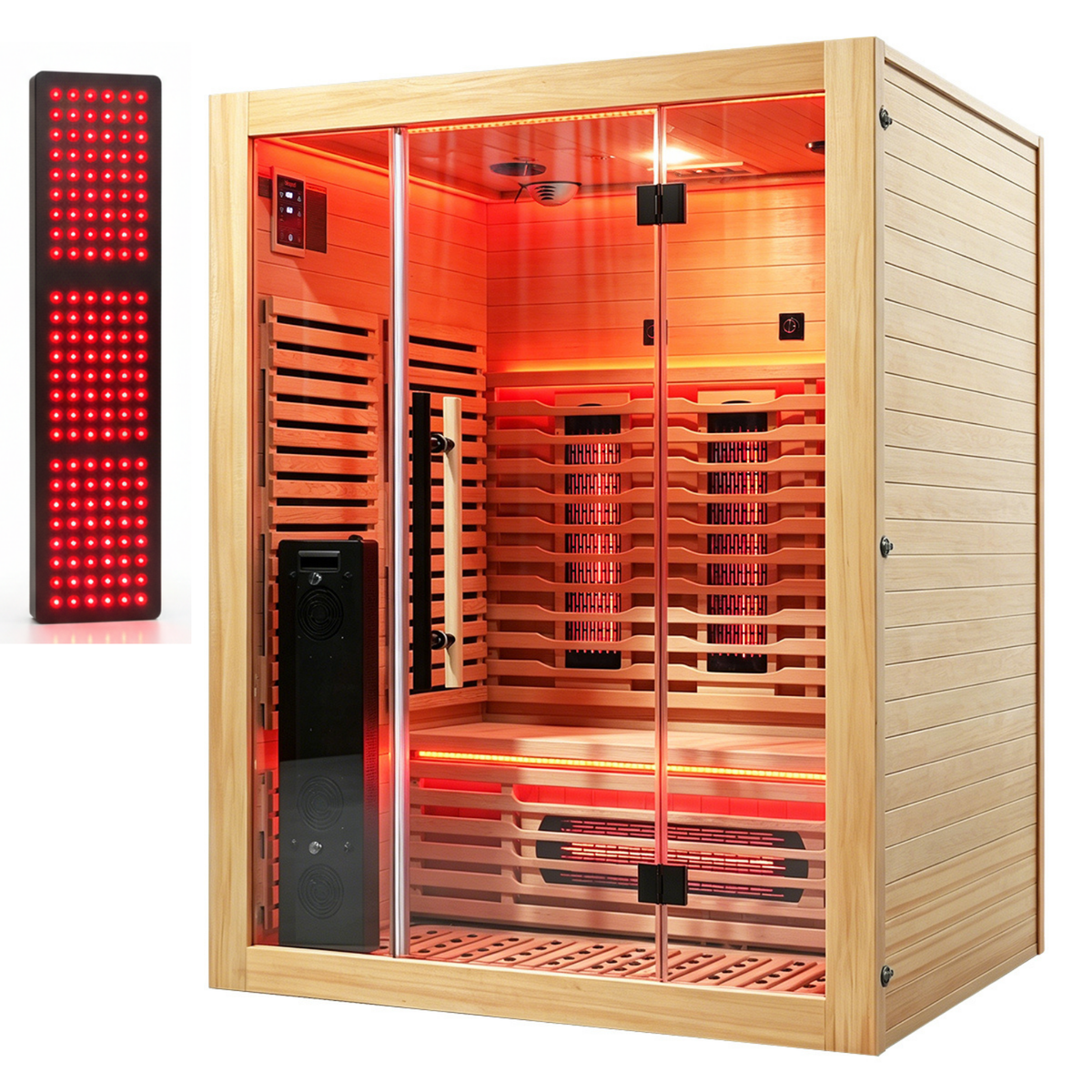 Blisspod Venetian RED 3-person infrared sauna with glass front, wood exterior and red-lit interior, shown beside a red light panel