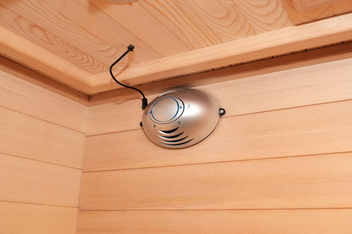 Built-in ceiling speaker inside the Blisspod Venetian RED infrared sauna
