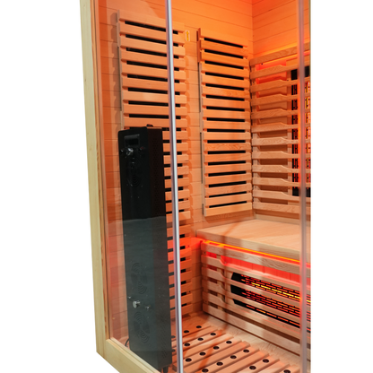Interior infrared heating panels and wooden heater guards inside Blisspod Venetian RED sauna
