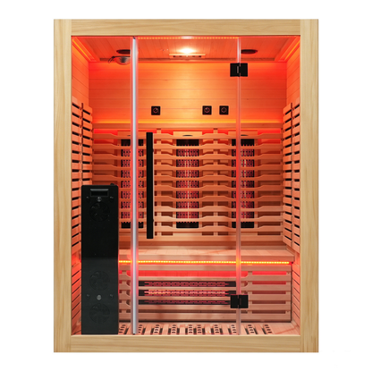 Front view of the Blisspod Venetian RED 3-person infrared sauna showing the glass door and interior bench