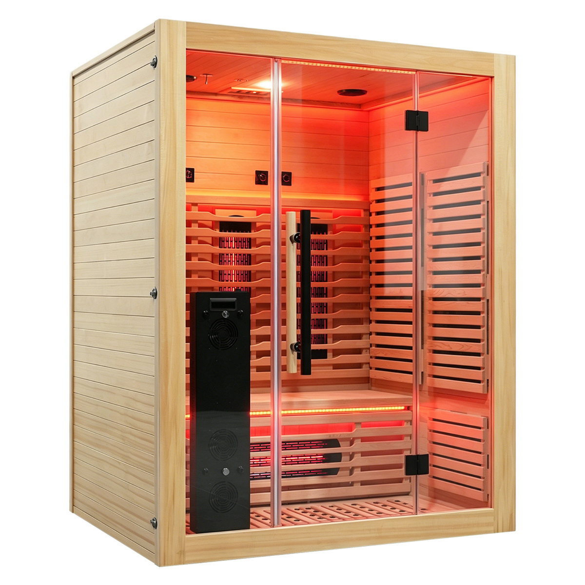 Angled view of the Blisspod Venetian RED infrared sauna showing its wood side panels and glass entrance