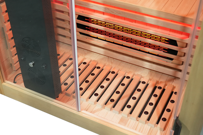 Wooden sauna bench and floor heating area inside the Blisspod Venetian RED sauna
