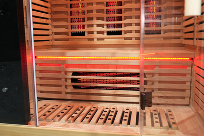 Wooden bench, backrest and slatted floor inside the Blisspod Venetian RED infrared sauna