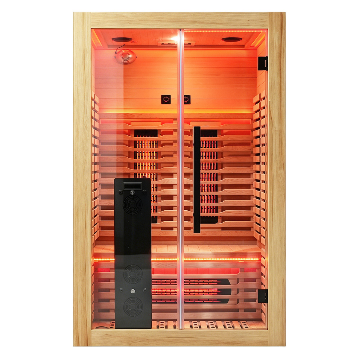 Front view of Blisspod Venetian RED infrared sauna showing glass door and interior heaters
