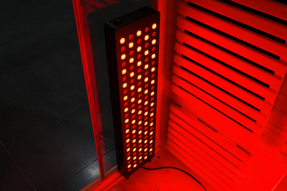 Close-up of an interior heater beside the wood slats inside the Blisspod Venetian RED sauna