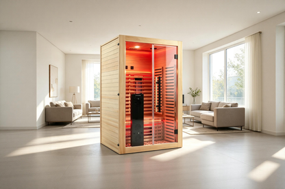 Blisspod Venetian RED infrared sauna displayed in a contemporary home wellness space
