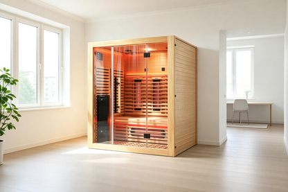 Blisspod Venetian RED infrared sauna positioned in a bright room beside large windows