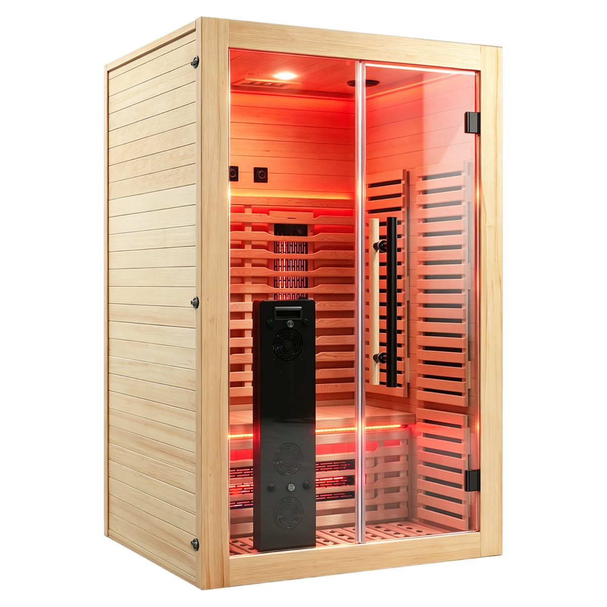 Angled view of Blisspod Venetian RED 2-person sauna with Canadian hemlock wood exterior

