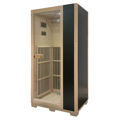 Blisspod Vienna 1-person far infrared sauna with black exterior, glass door and wood interior