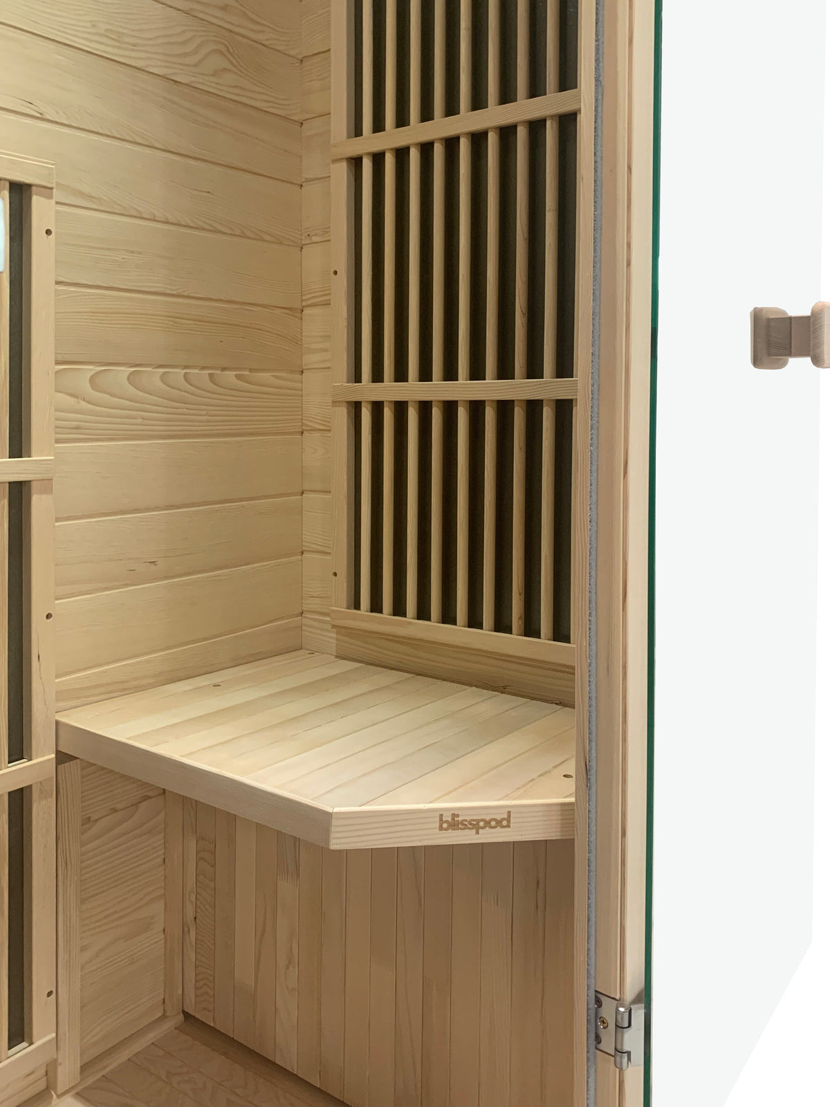 Canadian hemlock bench and interior of Blisspod Vienna personal sauna
