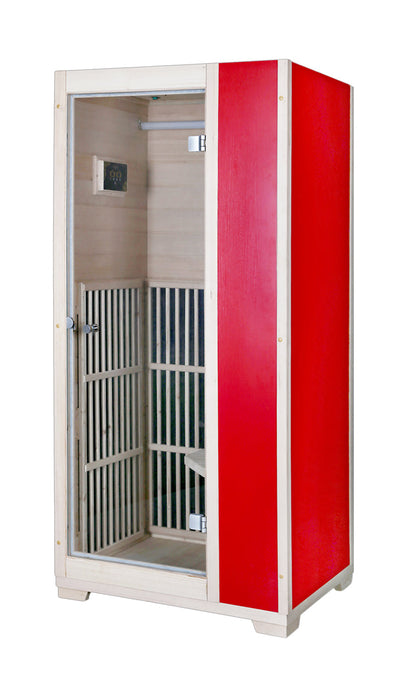 Blisspod Vienna 1-person infrared sauna with red exterior panels
