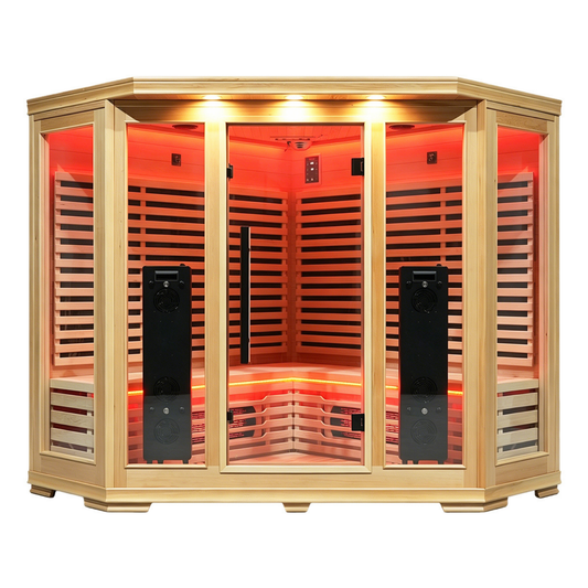 Blisspod Vienna RED 4–5 person full spectrum infrared corner sauna with glass doors and illuminated interior
