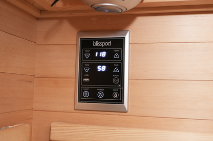 Digital control panel inside the Blisspod Vienna RED sauna for adjusting session settings