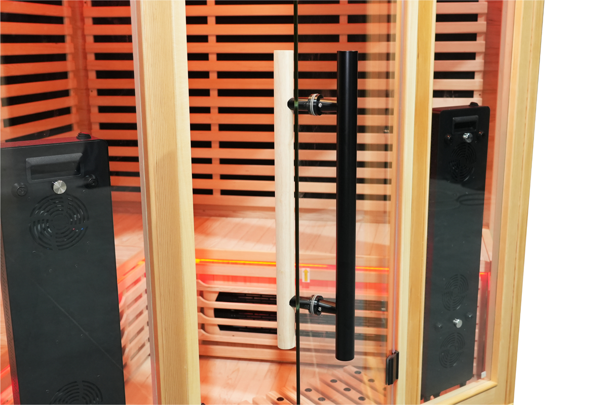 Close-up of infrared heating panels inside the Blisspod Vienna RED sauna
